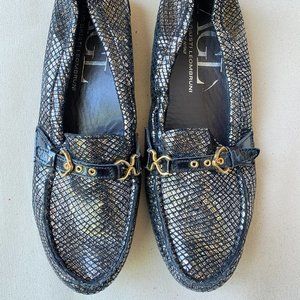 AGL Black and Gold Snakeskin Patterned Loafers with Buckle Size 37, New w/o Box.
